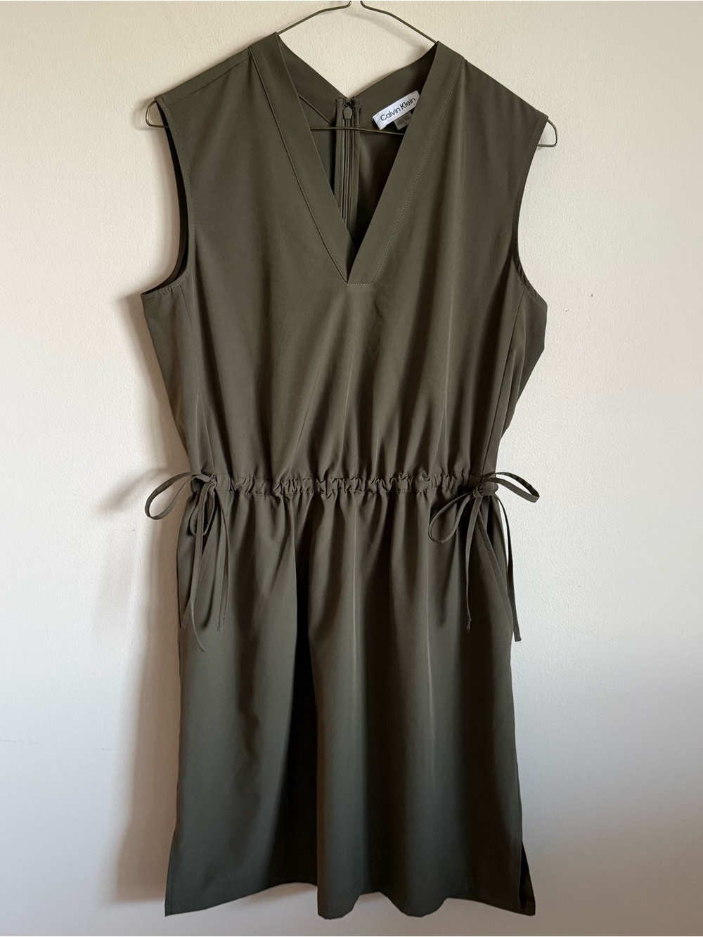 Calvin Klein Drawstring Waist Sleeveless Khaki Green V-Neck Short Dress 4